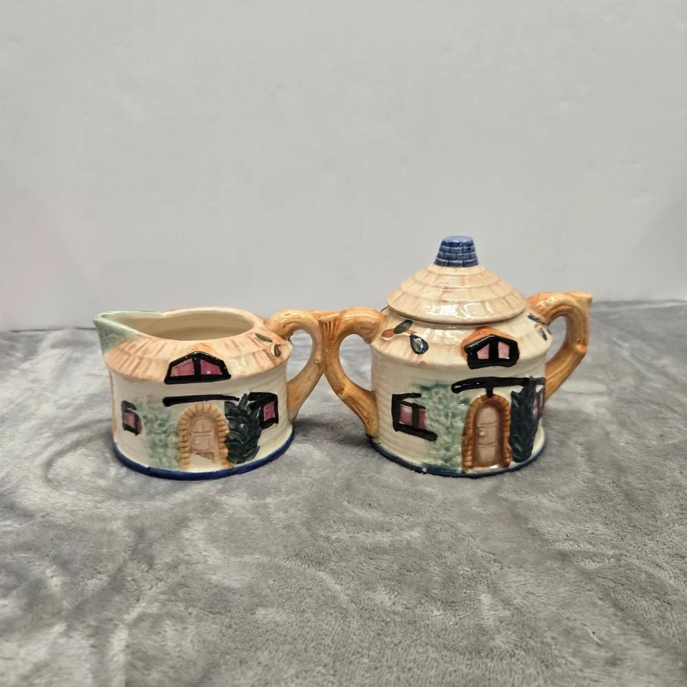 Vintage Cottage House Creamer and Sugar Bowl Set Hand Painted Ceramic Japan